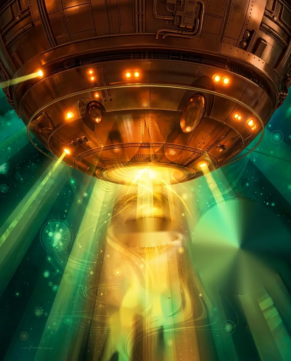 Capa de The Voyage of the Space Beagle, de A. E. van Vogt: uma nave sobre um olho gigante, um planeta e dois astronautas flutuando